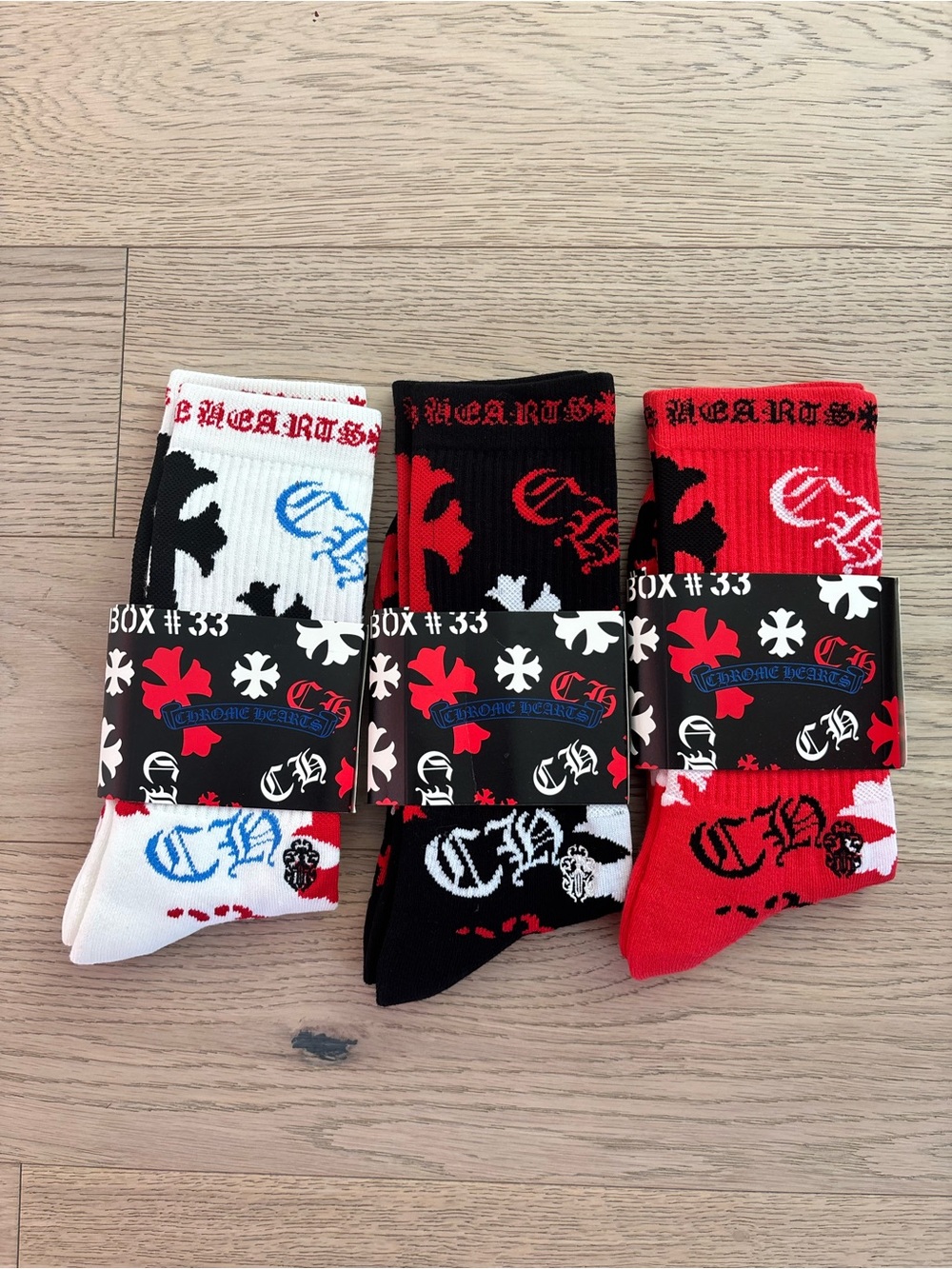 Brand New Chrome Hearts Stencil Socks Black, White, Red Size Medium
